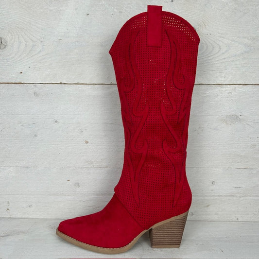 Hoge suèdine cowboylaars met gaatjes design rood