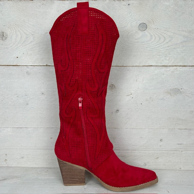 Hoge suèdine cowboylaars met gaatjes design rood