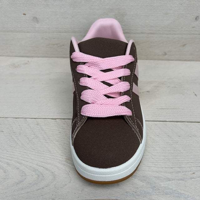 Retro sneaker met witte zool bruin roze