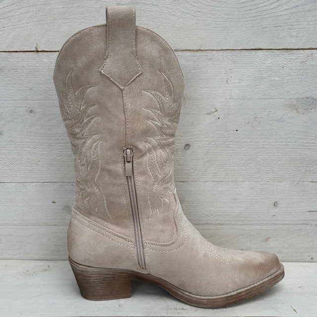 Suèdine cowboylaars met stiksel beige