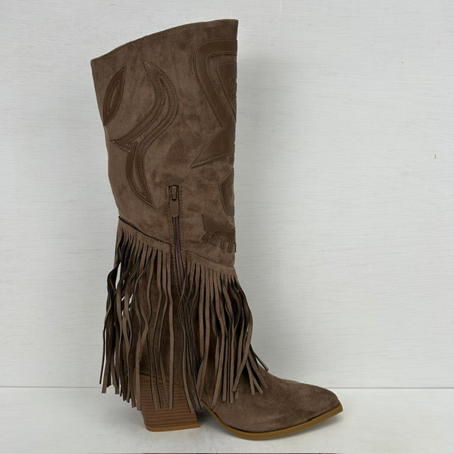 Suèdine cowboylaarzen met franjes en leuk design khaki