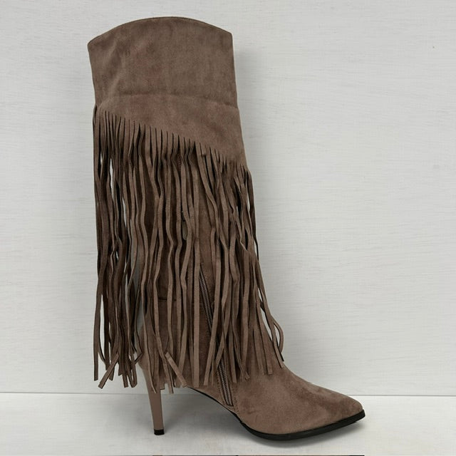 Suèdine cowboylaarzen met franjes en naaldhak khaki