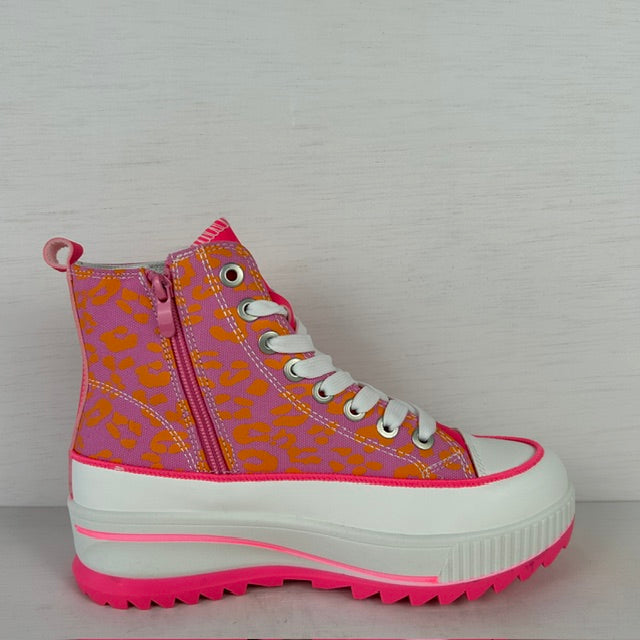 Smiley sneakers met hoge zool panter fuchsia