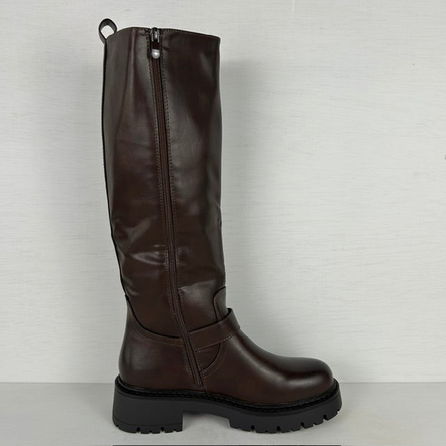 Stoere leatherlook laarzen met rits en gespjes bruin