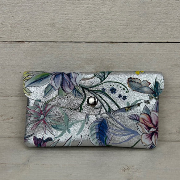 Real leather portemonnee met bloemenprint zilver