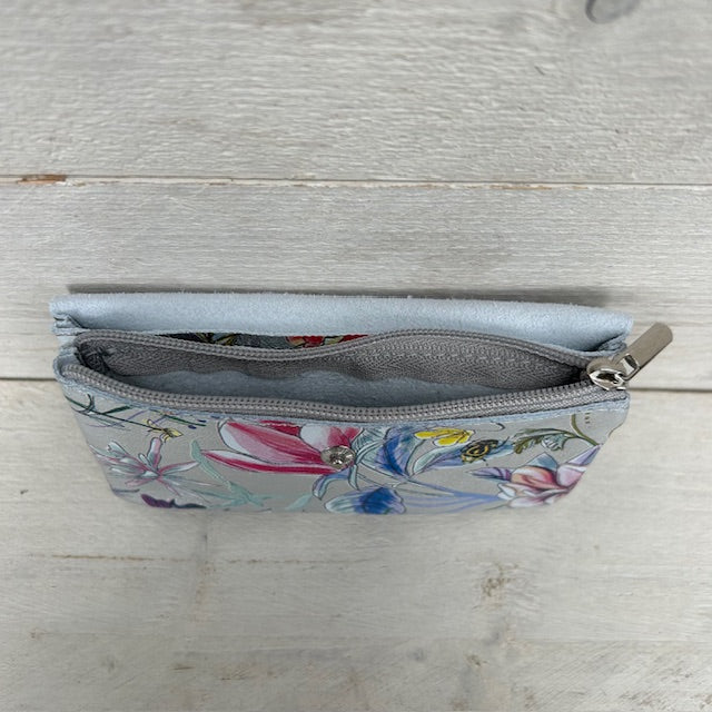 Real leather portemonnee met bloemenprint zilver