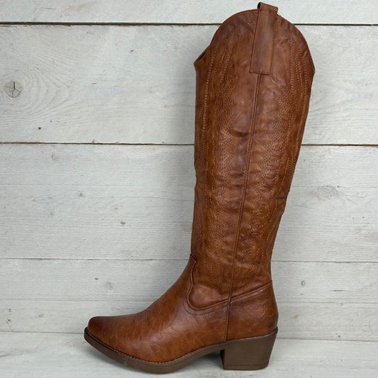 Gave hoge leatherlook cowboylaars camel