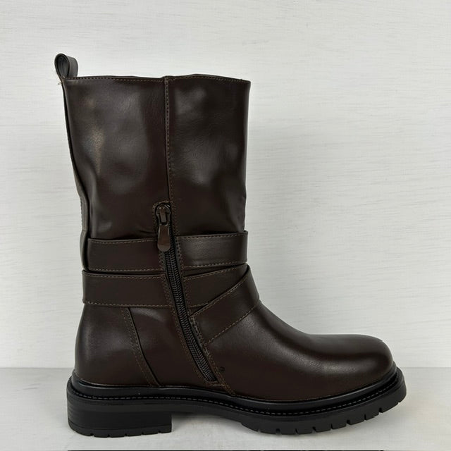 Stoere leatherlook laarzen met gespje bruin