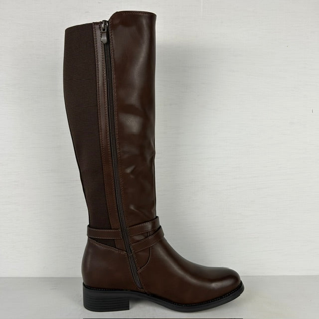Hoge leatherlook laarzen met elastiek bruin (verkrijgbaar t/m maat 43)