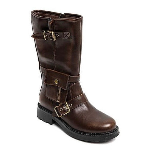 Stoere leatherlook laarzen met leuke details bruin
