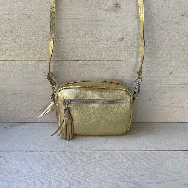 Leren schoudertasje Metallic Goud