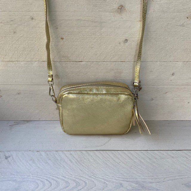 Leren schoudertasje Metallic Goud