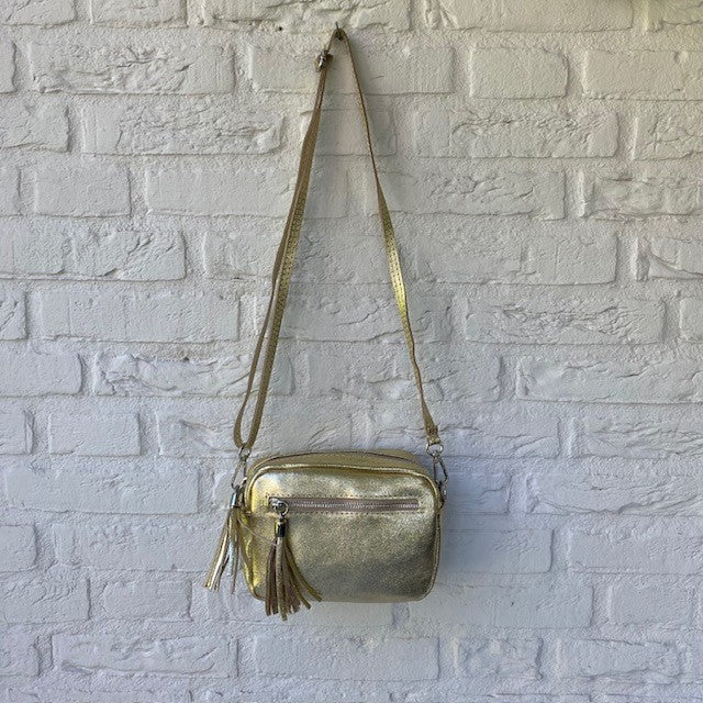 Leren schoudertasje Metallic Goud