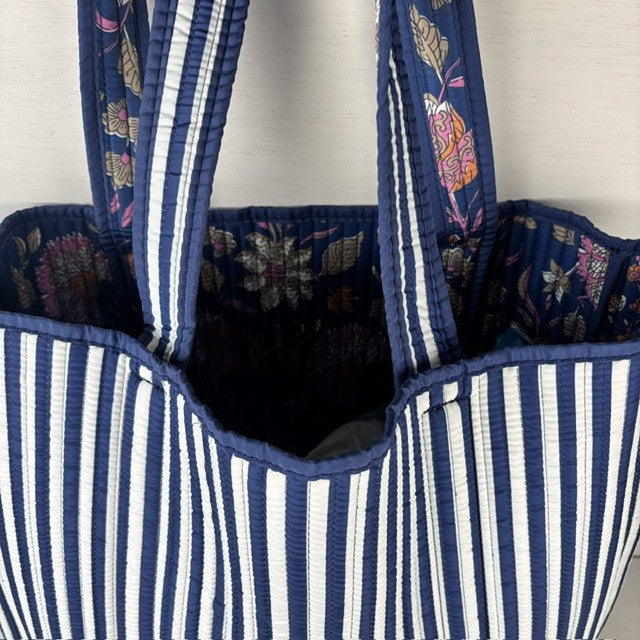 Reversible shopper bloemenprint & blauwe strepen