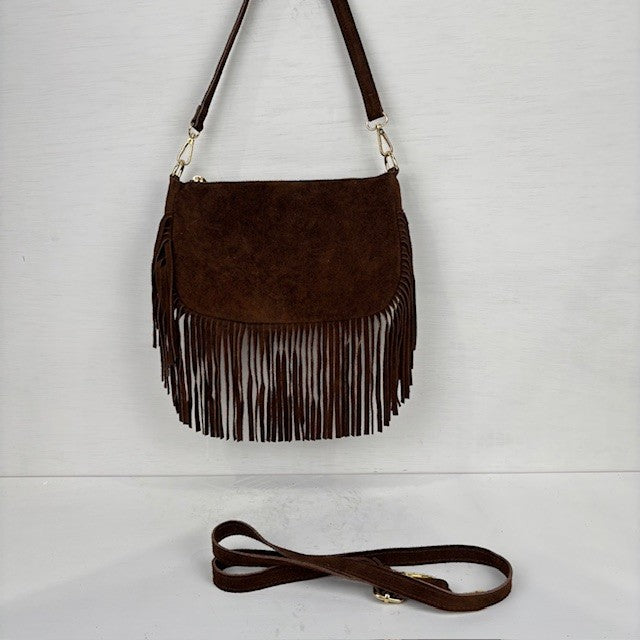 Real leather tasje met franjes bruin