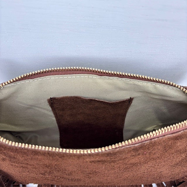 Real leather tasje met franjes bruin