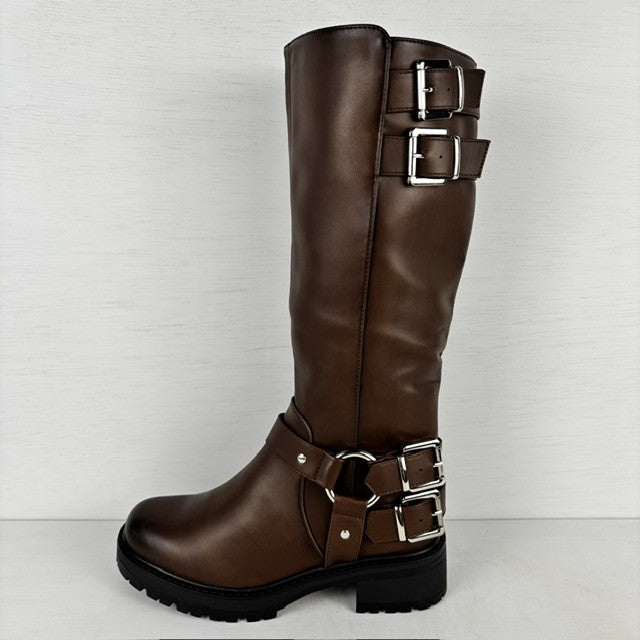 Hoge leatherlook boots met siergespjes bruin