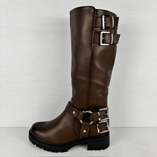 Hoge leatherlook boots met siergespjes bruin