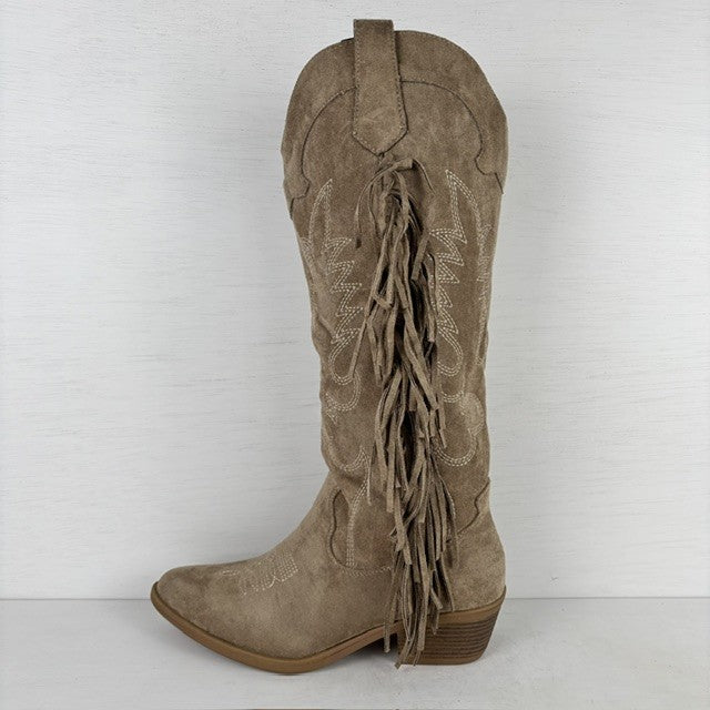 Suèdine cowboylaarzen met franjes en stiksel khaki