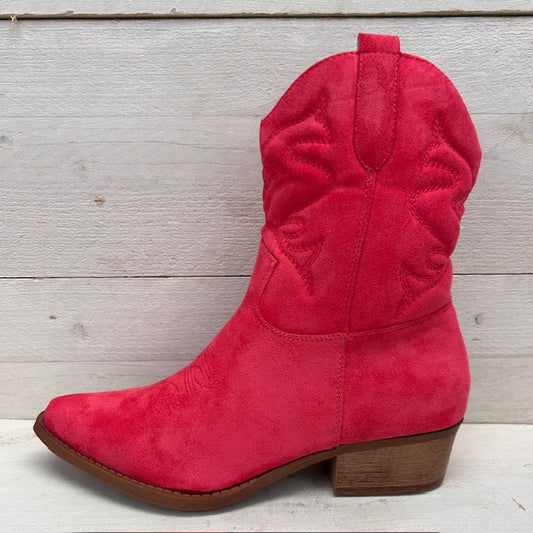 Suèdine cowboylaars met lage hak fuchsia