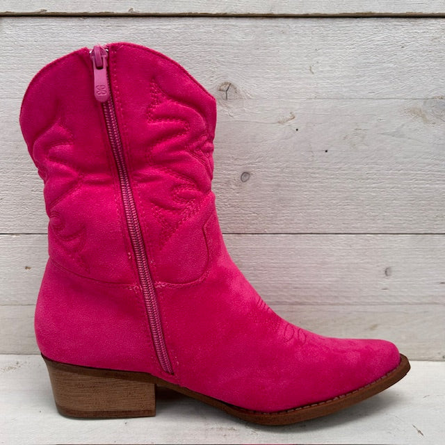 Suèdine cowboylaars met lage hak fuchsia