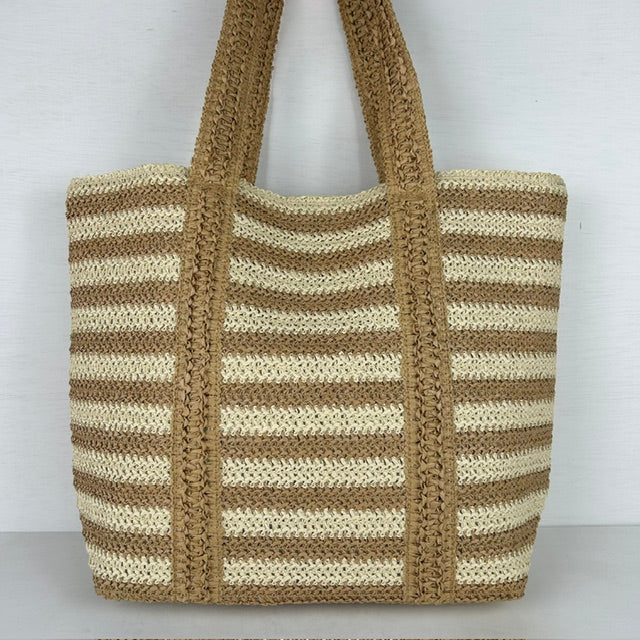 Rieten shopper met strepen khaki