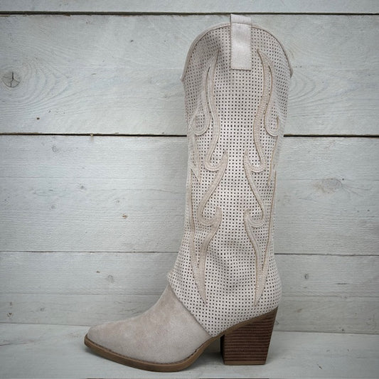 Hoge suèdine cowboylaars met gaatjes design beige