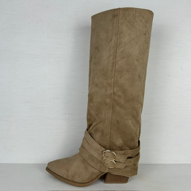 Suèdine cowboylaarzen met flap en gespjes khaki