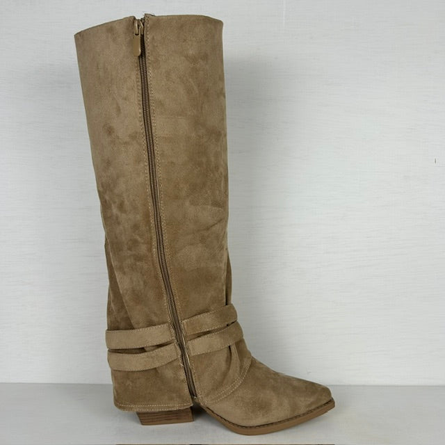 Suèdine cowboylaarzen met flap en gespjes khaki