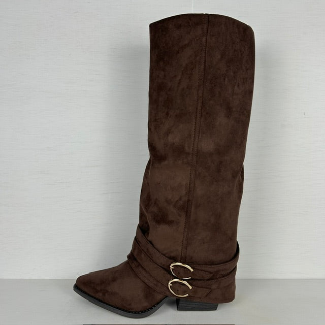 Suèdine cowboylaarzen met flap en gespjes bruin