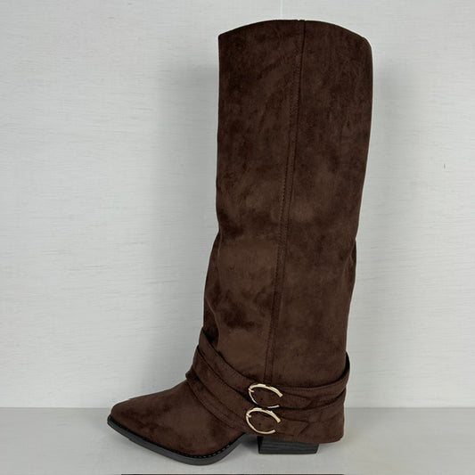 Suèdine cowboylaarzen met flap en gespjes bruin