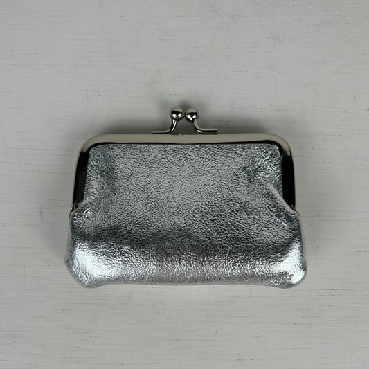 Real leather portemonneetje met knip zilver