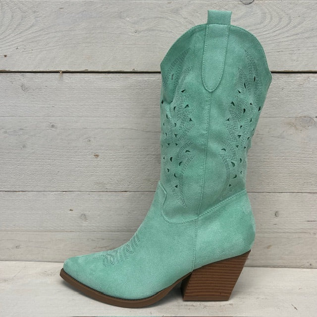 Cowboylaarzen met leuk motief turquoise suède
