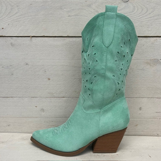 Cowboylaarzen met leuk motief turquoise suède