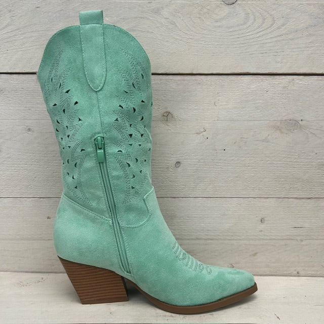 Cowboylaarzen met leuk motief turquoise suède