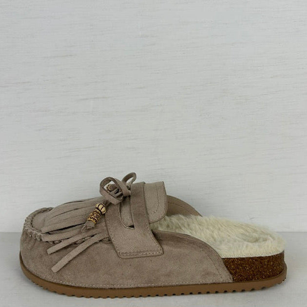 Furry instap slippers met franjes khaki
