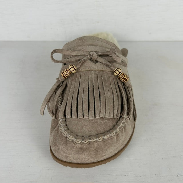 Furry instap slippers met franjes khaki
