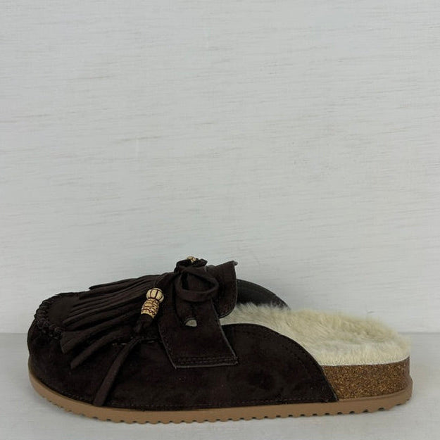 Furry instap slippers met franjes bruin