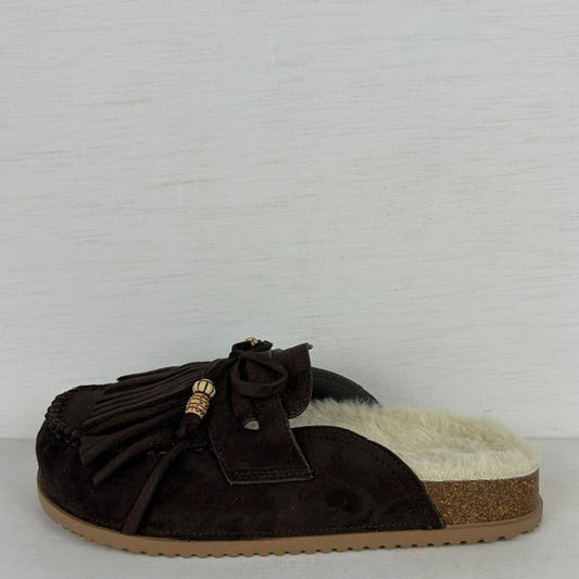 Furry instap slippers met franjes bruin