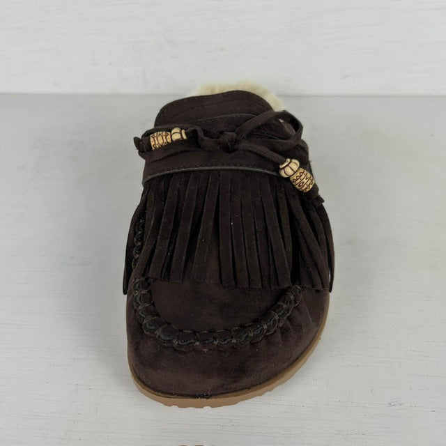 Furry instap slippers met franjes bruin