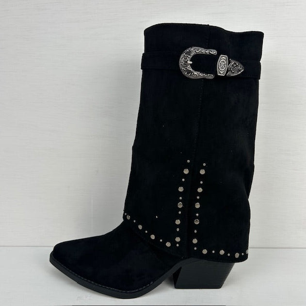 Suèdine cowboylaars met sierlijke flap zwart