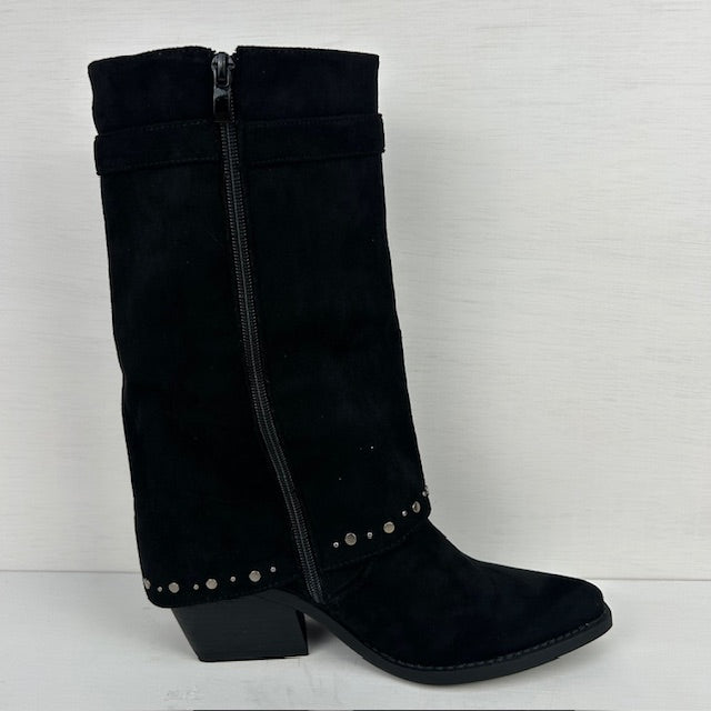 Suèdine cowboylaars met sierlijke flap zwart