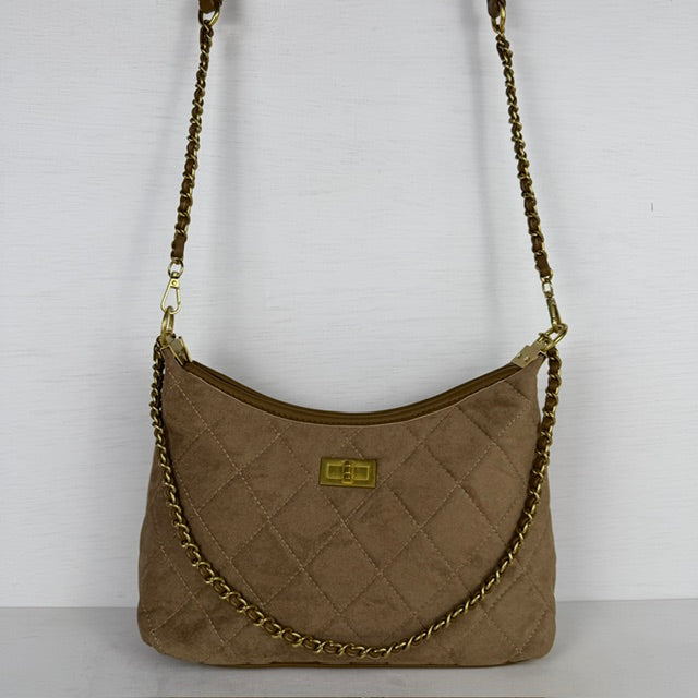 Padded schoudertas met gouden detail khaki