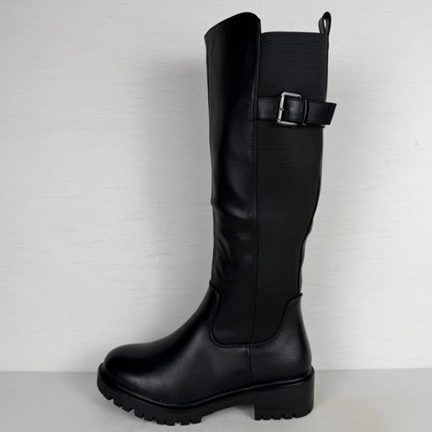 Hoge leatherlook laarzen met elastiek en gesp zwart (Verkrijgbaar t/m maat 43)