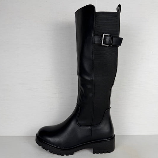 Hoge leatherlook laarzen met elastiek en gesp zwart (Verkrijgbaar t/m maat 43)