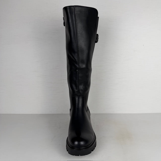 Hoge leatherlook laarzen met elastiek en gesp zwart (Verkrijgbaar t/m maat 43)