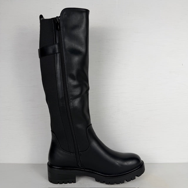 Hoge leatherlook laarzen met elastiek en gesp zwart (Verkrijgbaar t/m maat 43)