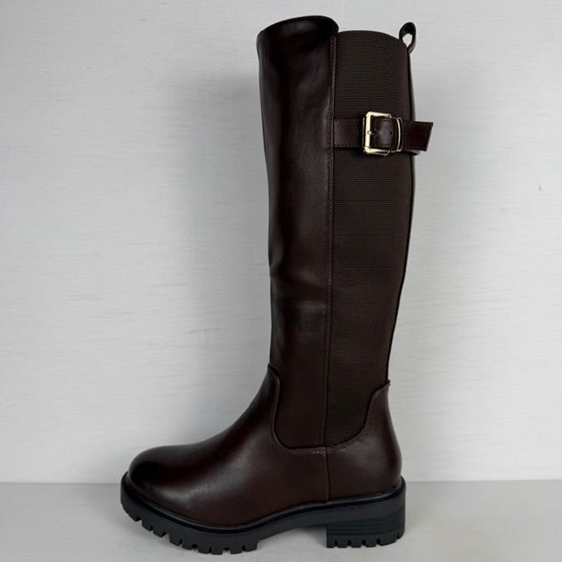Hoge leatherlook laarzen met elastiek en gesp bruin