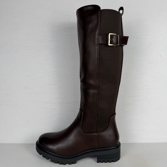 Hoge leatherlook laarzen met elastiek en gesp bruin