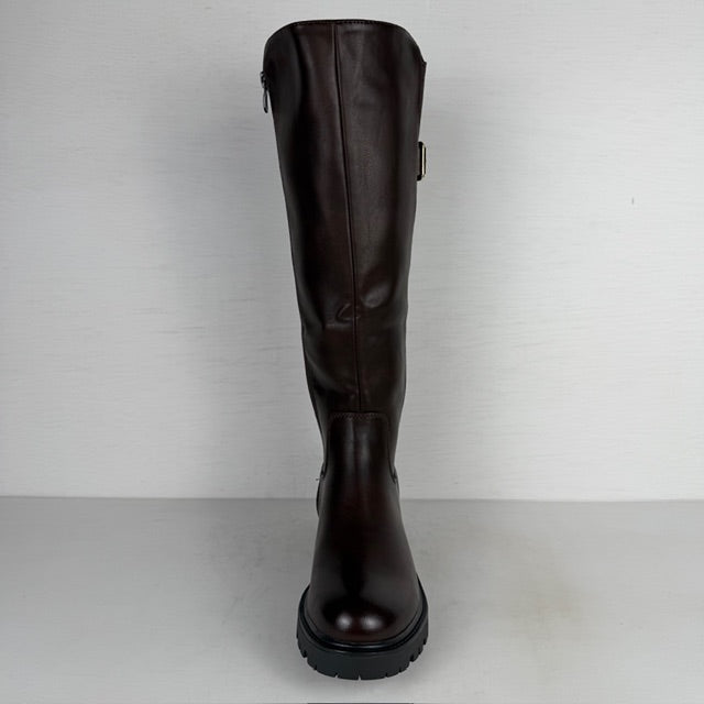 Hoge leatherlook laarzen met elastiek en gesp bruin